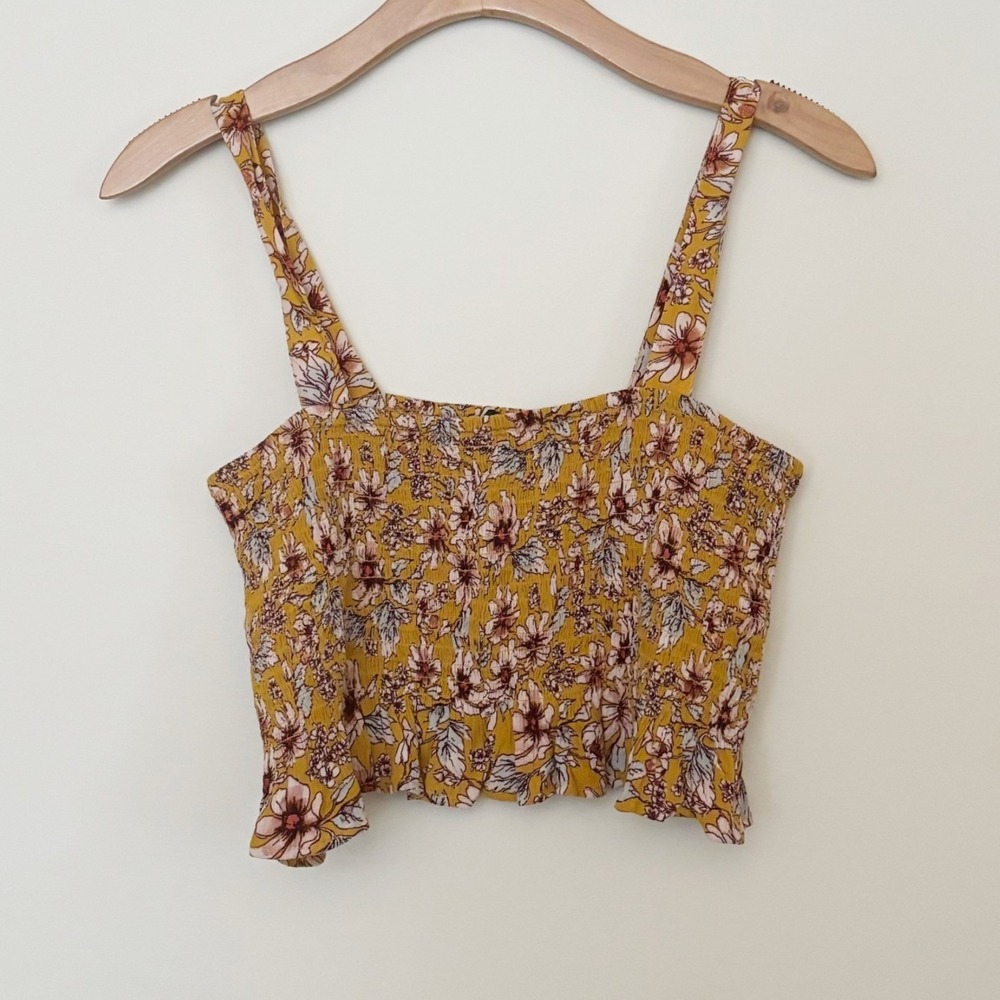 American Eagle Crop Top Womens Small Yellow Floral Smocked Boho Tank